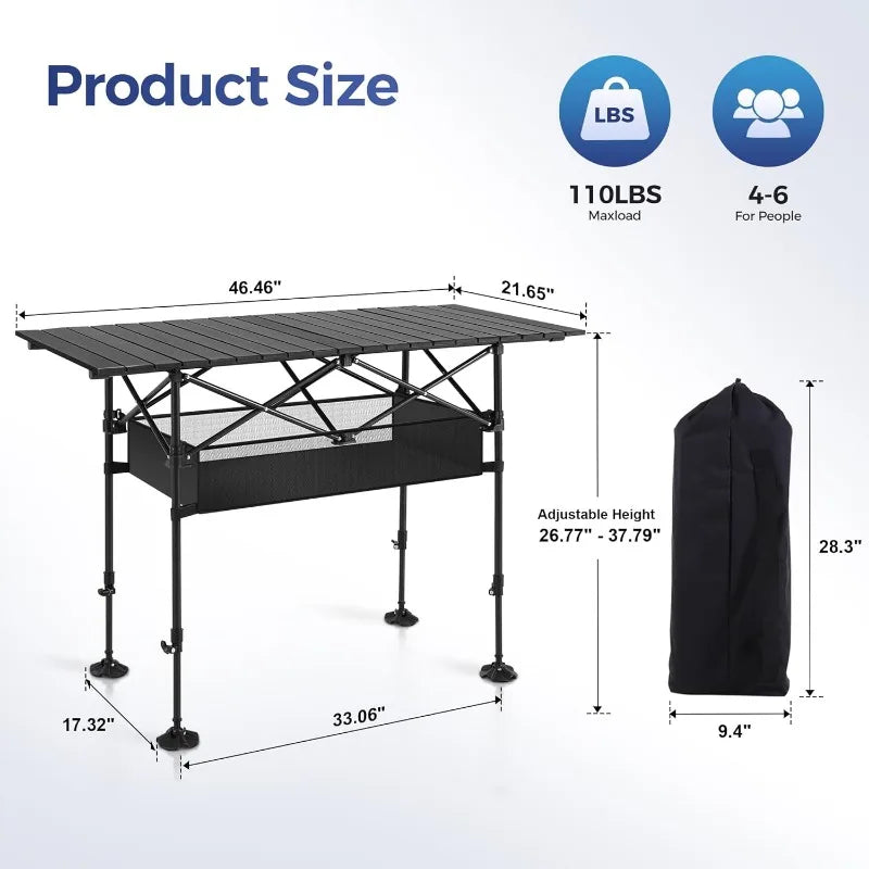 Alpha Camp Camping Table Outdoor Portable Adjustable Aluminum Travel Table with Storage for Grill and Picnic