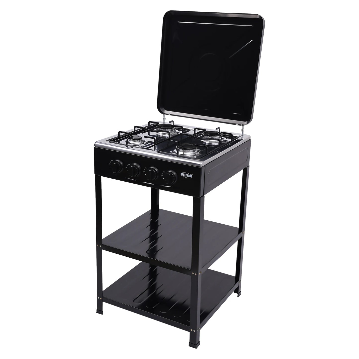 Portable Gas Stove 4 Burner with Support Leg Stand and Wind Blocking Cover Outdoor Manual Ignition Camping Stove with 2 Layer Rack