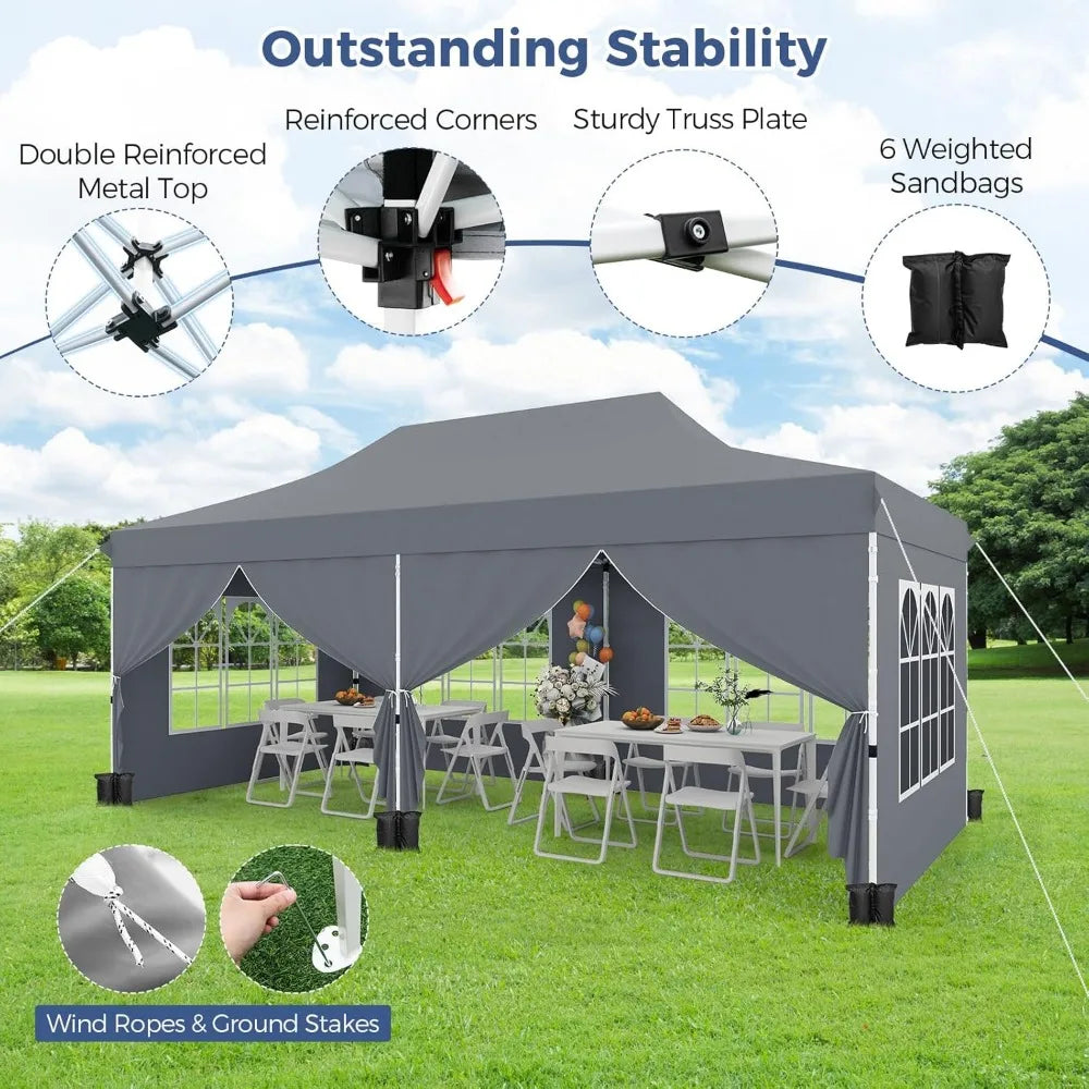 10x20 Ft Pop Up Canopy Tent with UPF 50 Plus Portable Outdoor Design 6 Removable Sidewalls 6 Sandbags and 2 Zippered Doors