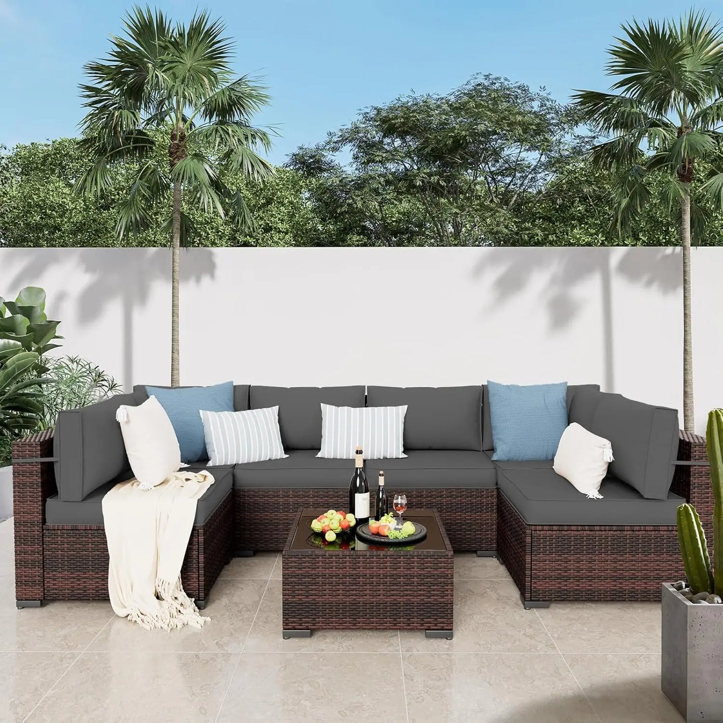 Patio Furniture Sets 7 Pieces Outdoor Rattan Sectional Sofa Set with Glass Table and Cushions for Outdoor Indoor Backyard Garden