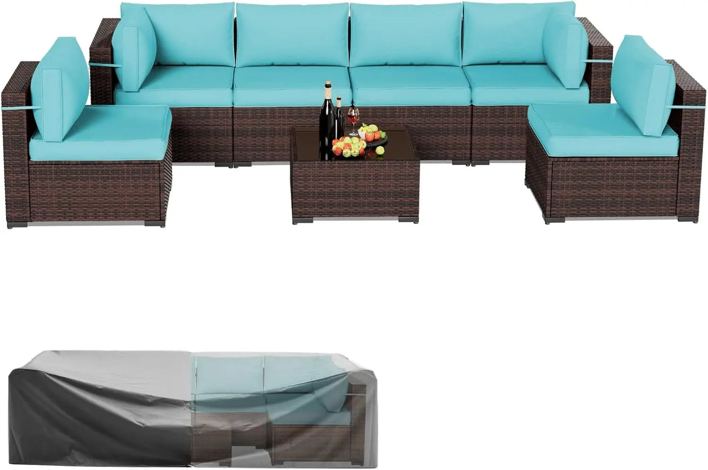 Patio Furniture Sets 7 Pieces Outdoor Rattan Sectional Sofa Set with Glass Table and Cushions for Outdoor Indoor Backyard Garden