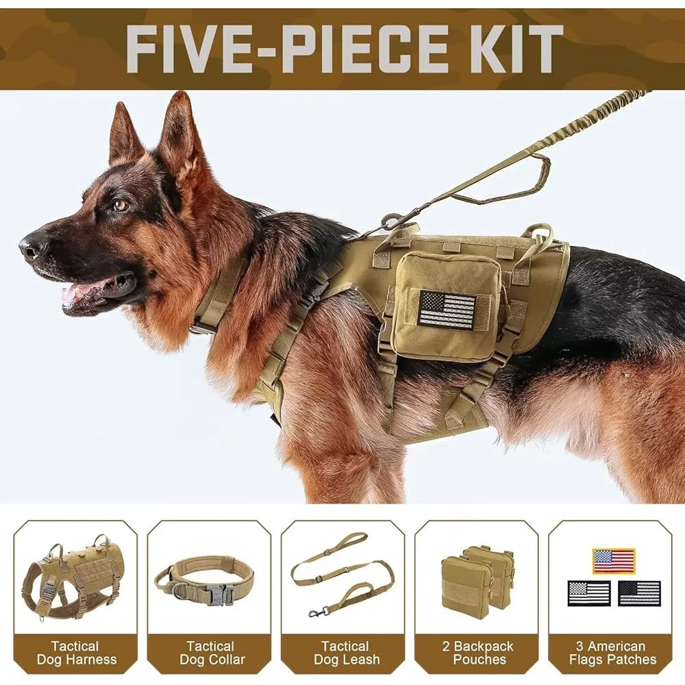Tactical Dog Harness Large Breeds No Pull Military Collar Bungee Leash Set with MOLLE Backpack for Outdoor Training