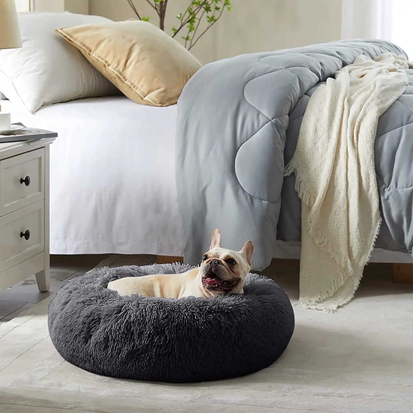 Calming Donut Dog Bed Self Warming Cozy Plush Round Bed