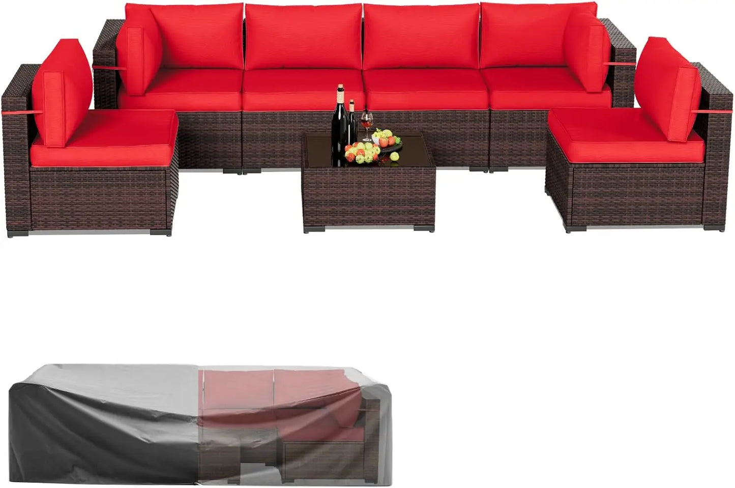 Patio Furniture Sets 7 Pieces Outdoor Rattan Sectional Sofa Set with Glass Table and Cushions for Outdoor Indoor Backyard Garden