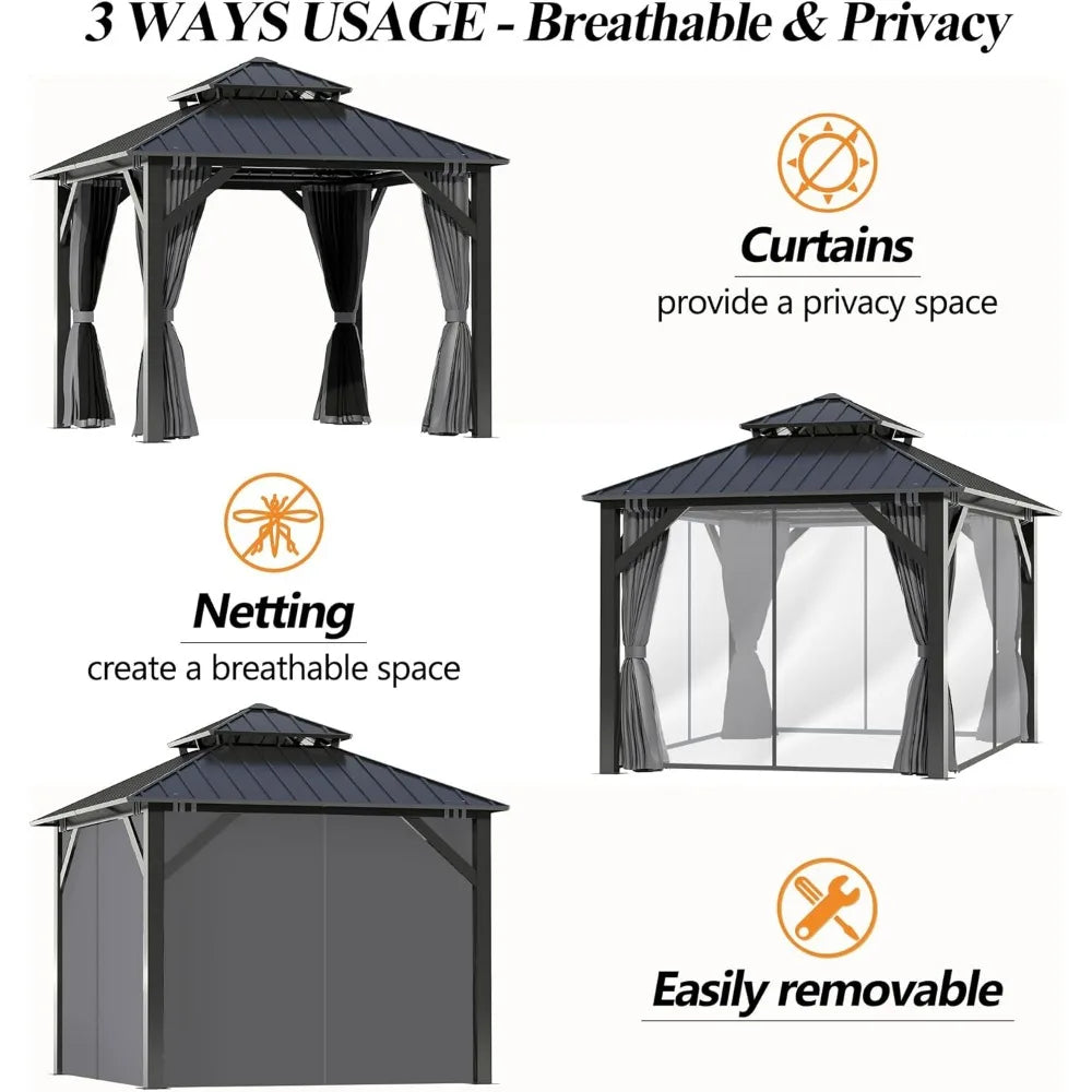8.5x8.5FT Outdoor Hardtop Gazebo with Double Roof Aluminum Heavy Duty Galvanized Steel Top with Breathable Netting and UV Protection