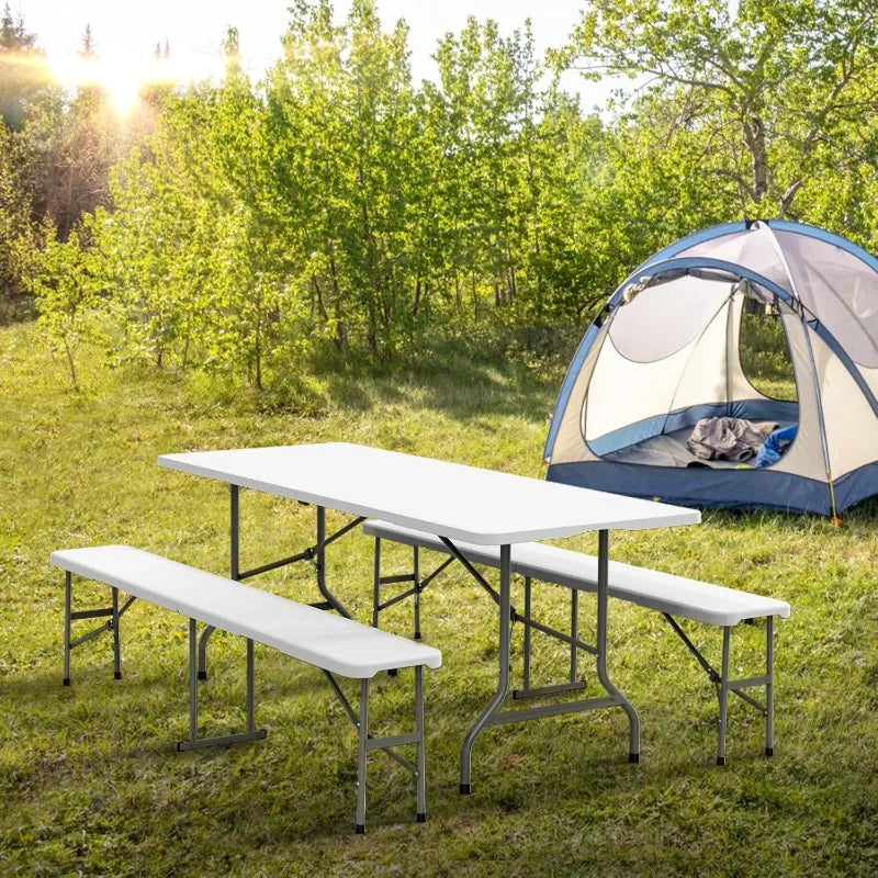 VINGLI Picnic Table Set with 2 Benches 6 Feet Folding Camping Table Chair Set for Indoor or Outdoor Use White