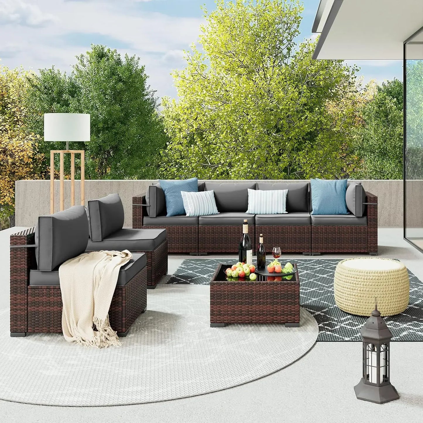 Patio Furniture Sets 7 Pieces Outdoor Rattan Sectional Sofa Set with Glass Table and Cushions for Outdoor Indoor Backyard Garden