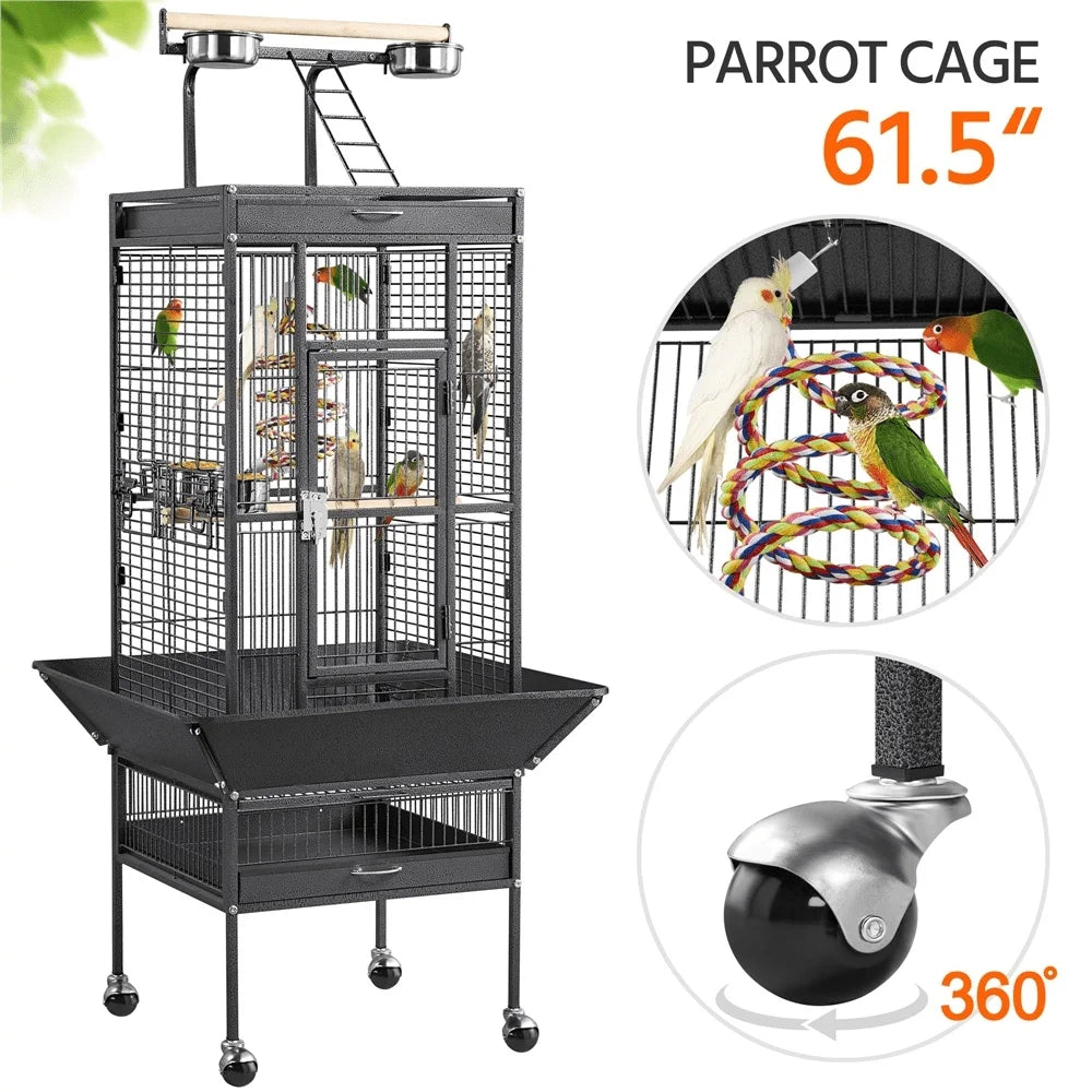 61 Inch Rolling Metal Bird Cage With Play Top Mobile Design