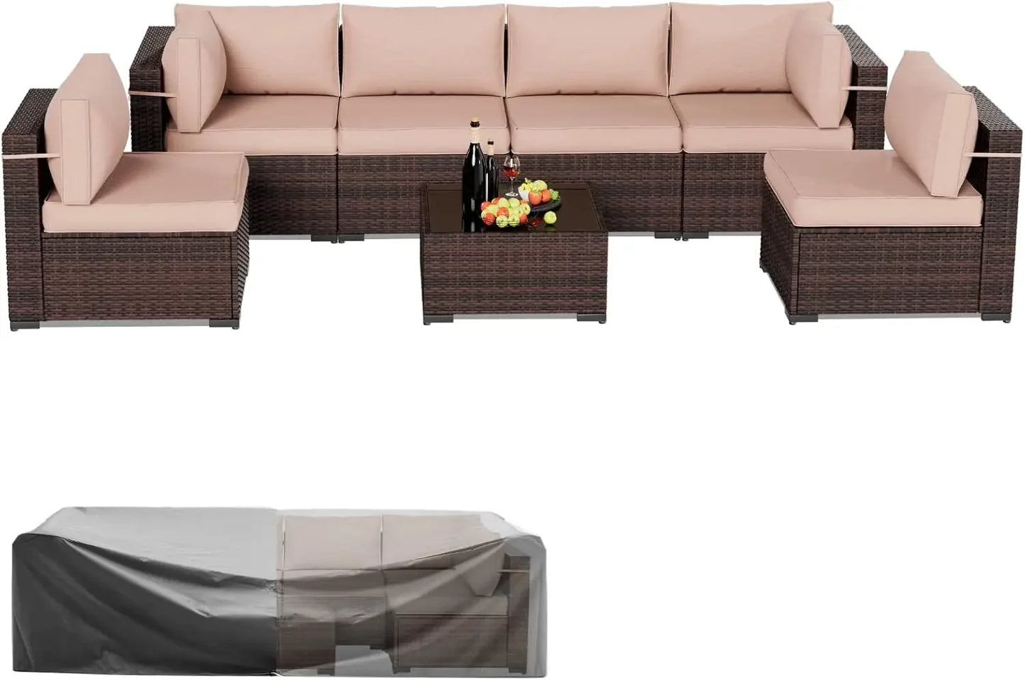 Patio Furniture Sets 7 Pieces Outdoor Rattan Sectional Sofa Set with Glass Table and Cushions for Outdoor Indoor Backyard Garden