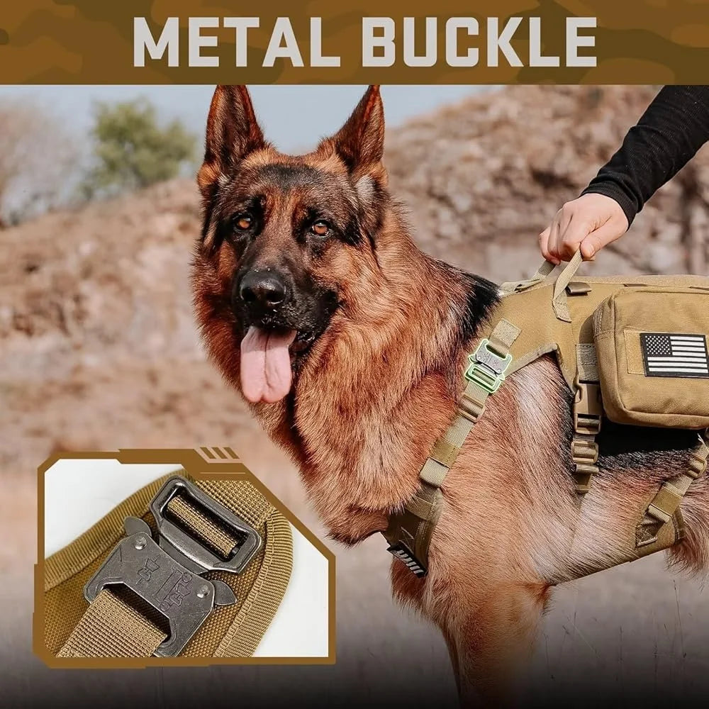 Tactical Dog Harness Large Breeds No Pull Military Collar Bungee Leash Set with MOLLE Backpack for Outdoor Training