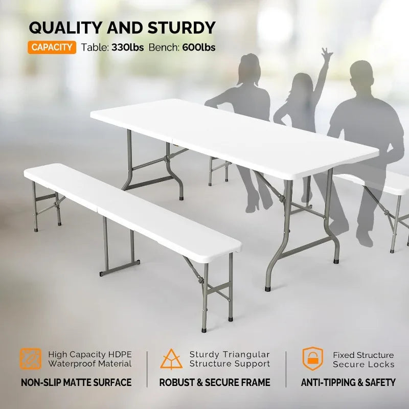 VINGLI Picnic Table Set with 2 Benches 6 Feet Folding Camping Table Chair Set for Indoor or Outdoor Use White