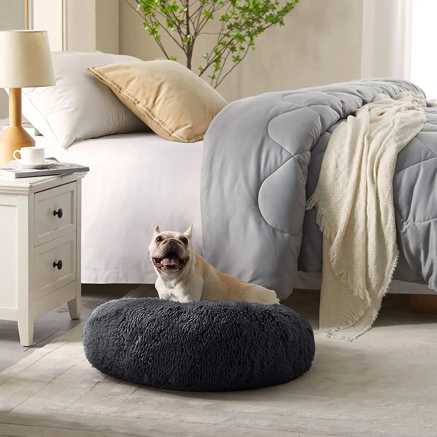 Calming Donut Dog Bed Self Warming Cozy Plush Round Bed