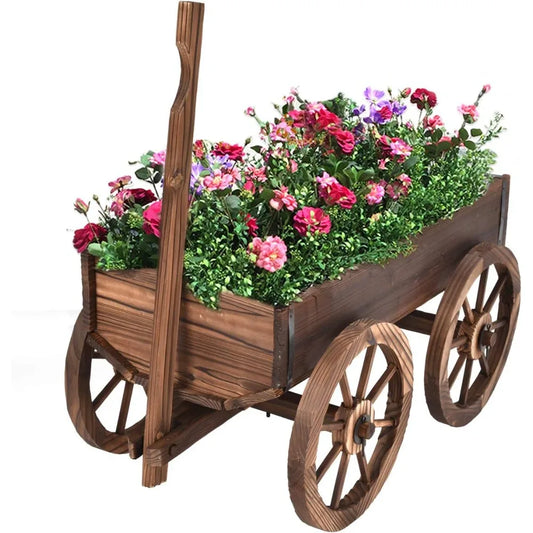 Wood Wagon Flower Planter Pot Stand With Wheels Garden Decor