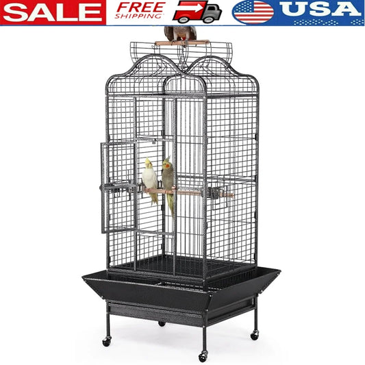 Large Parrot Cage With Open Playtop Rolling Metal Bird Cage