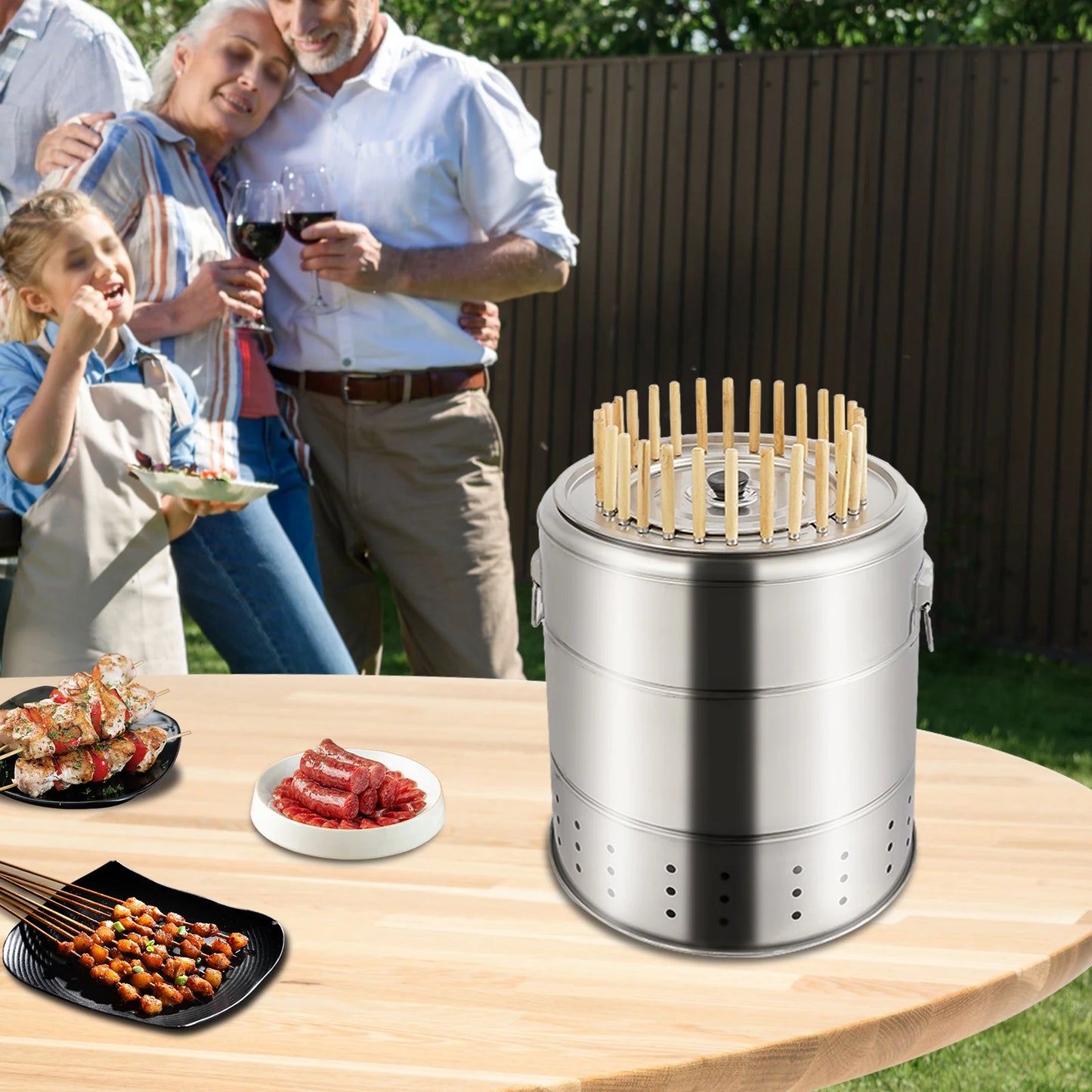 Stainless Steel Charcoal Grill 28 Skewer Capacity Hanging BBQ Pit for Outdoor Cooking Camping and Parties Oil Drip Tray