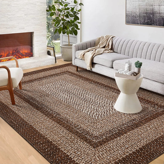Washable Area Rug Modern Braided Print Non Slip Living Room