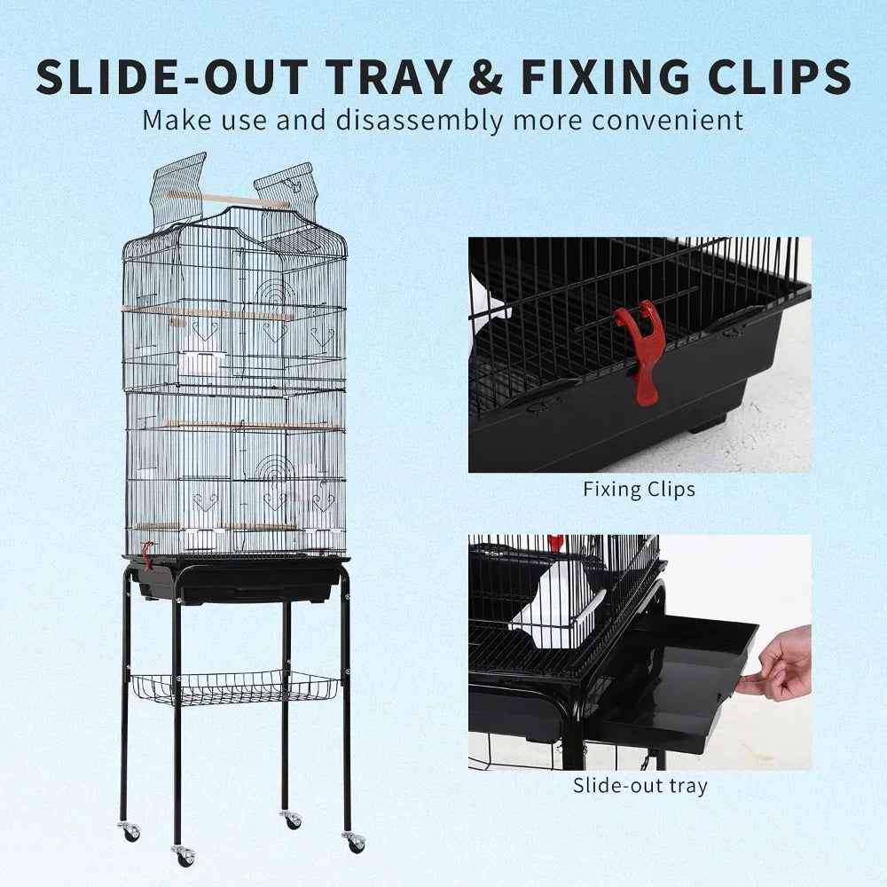 Open Top Bird Cage On Rolling Stand For Parrots And Finches