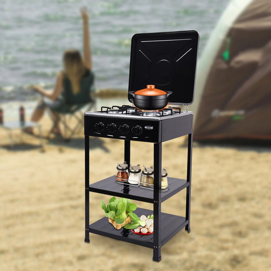 Portable Gas Stove 4 Burner with Support Leg Stand and Wind Blocking Cover Outdoor Manual Ignition Camping Stove with 2 Layer Rack
