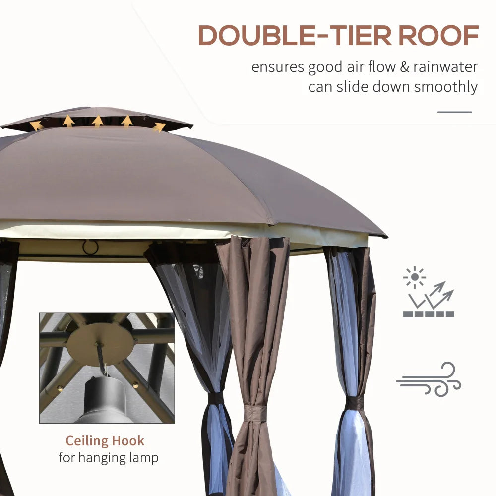 12x12 Round Outdoor Gazebo Double Roof Netting Curtains Zippered Doors Steel Frame Patio Dome Shelter Brown