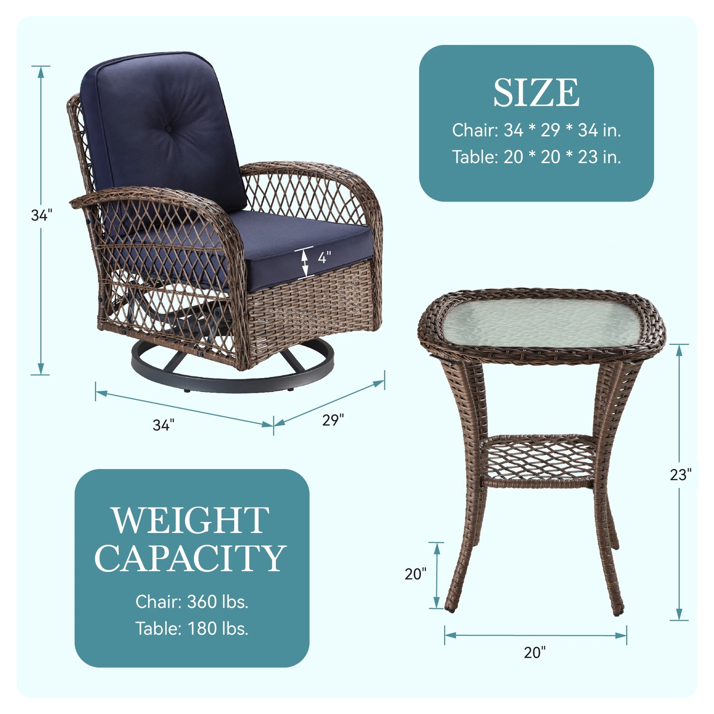 Hoomic 3 Pieces Patio Furniture Set Outdoor Bistro Set Rotating Rocking Chair Set with Cozy Padded Cushions