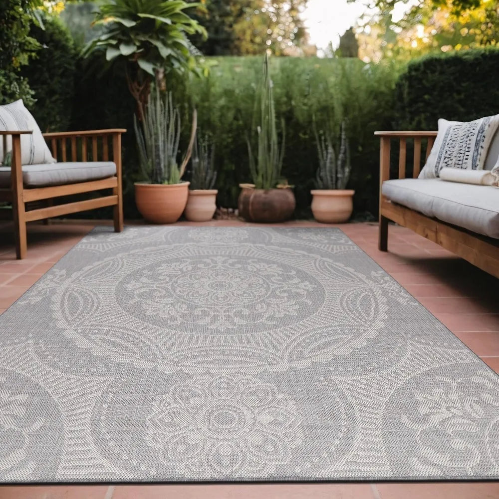 Gray Medallion Outdoor Rug 8x10 Washable Patio Waterproof