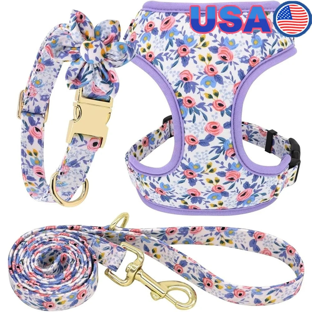 Cute Dog Harness Leash Collar Set Adjustable Floral Soft Mesh Pet Vest for Puppies Girls Wedding Party Outdoor Activities
