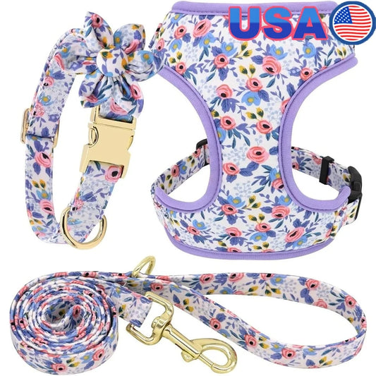 Cute Dog Harness Leash Collar Set Adjustable Floral Soft Mesh Pet Vest for Puppies Girls Wedding Party Outdoor Activities